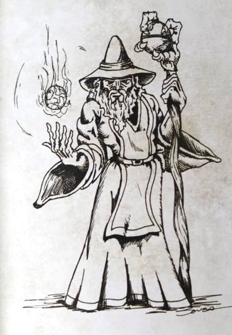 Early Blizzard ink drawing of a bearded wizard with a staff and a fireball