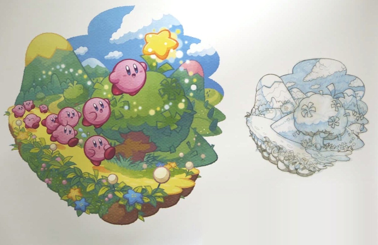 Modern painted Kirby illustration of a floating island next to its pencil and blue-pencil underdrawing