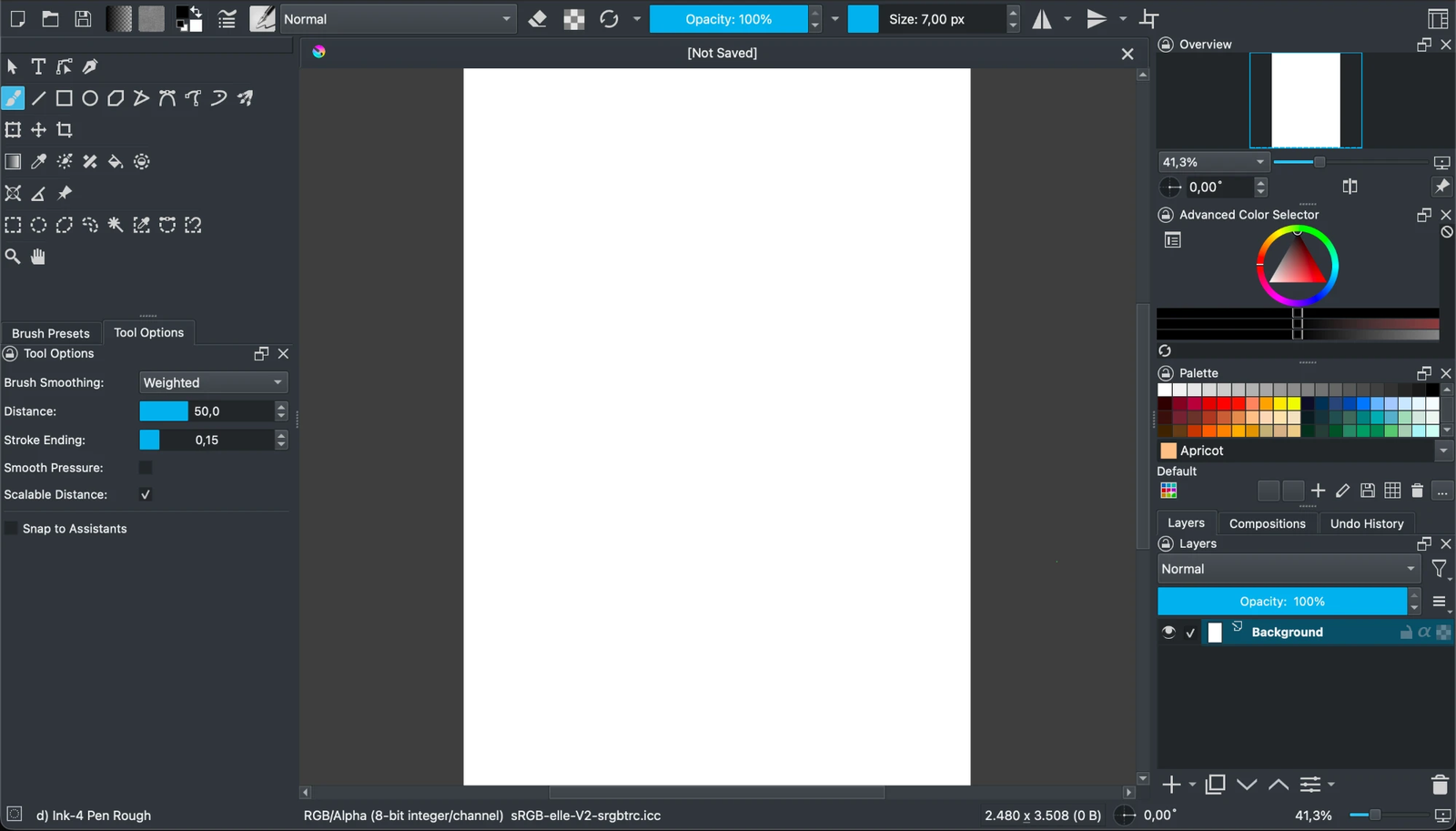 Screenshot of a blank canvas in the digital painting program Krita, surrounded by tool panels